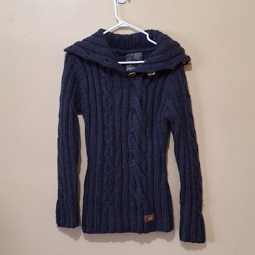 Nobis Navy Chunky Cable Knit Wool Blend Sweater With Button Up Collar